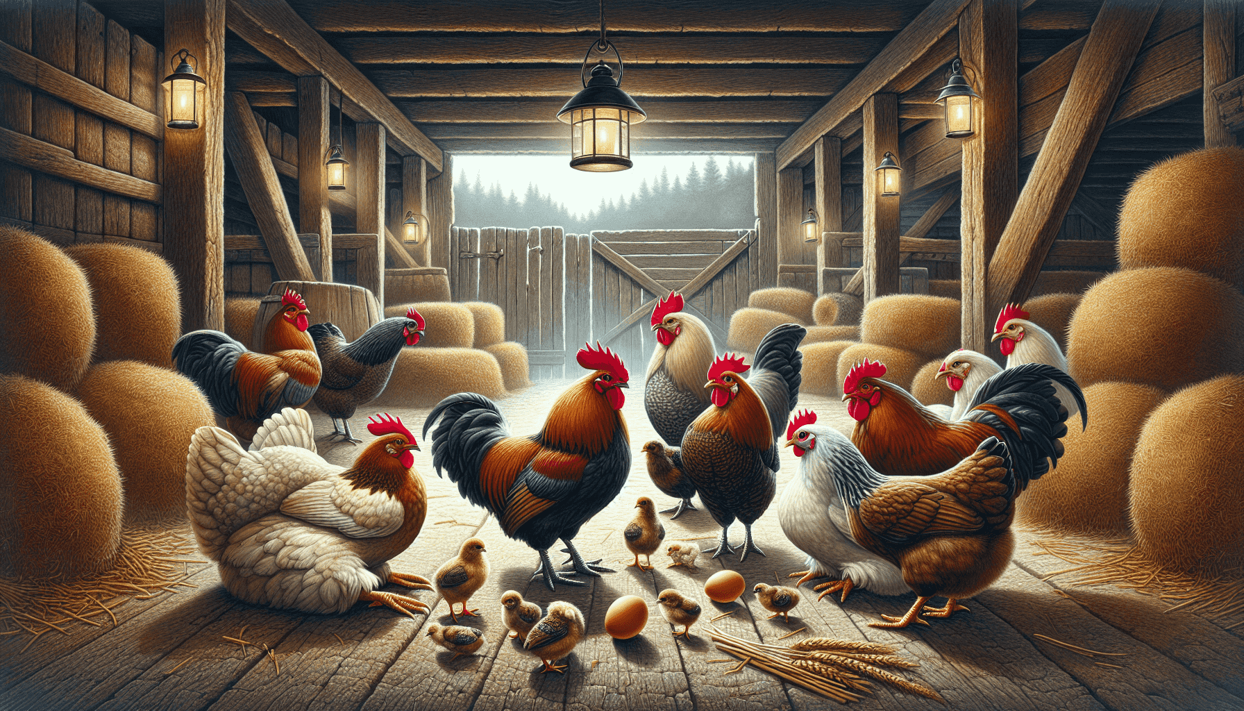 Chickens planning escape in a barn