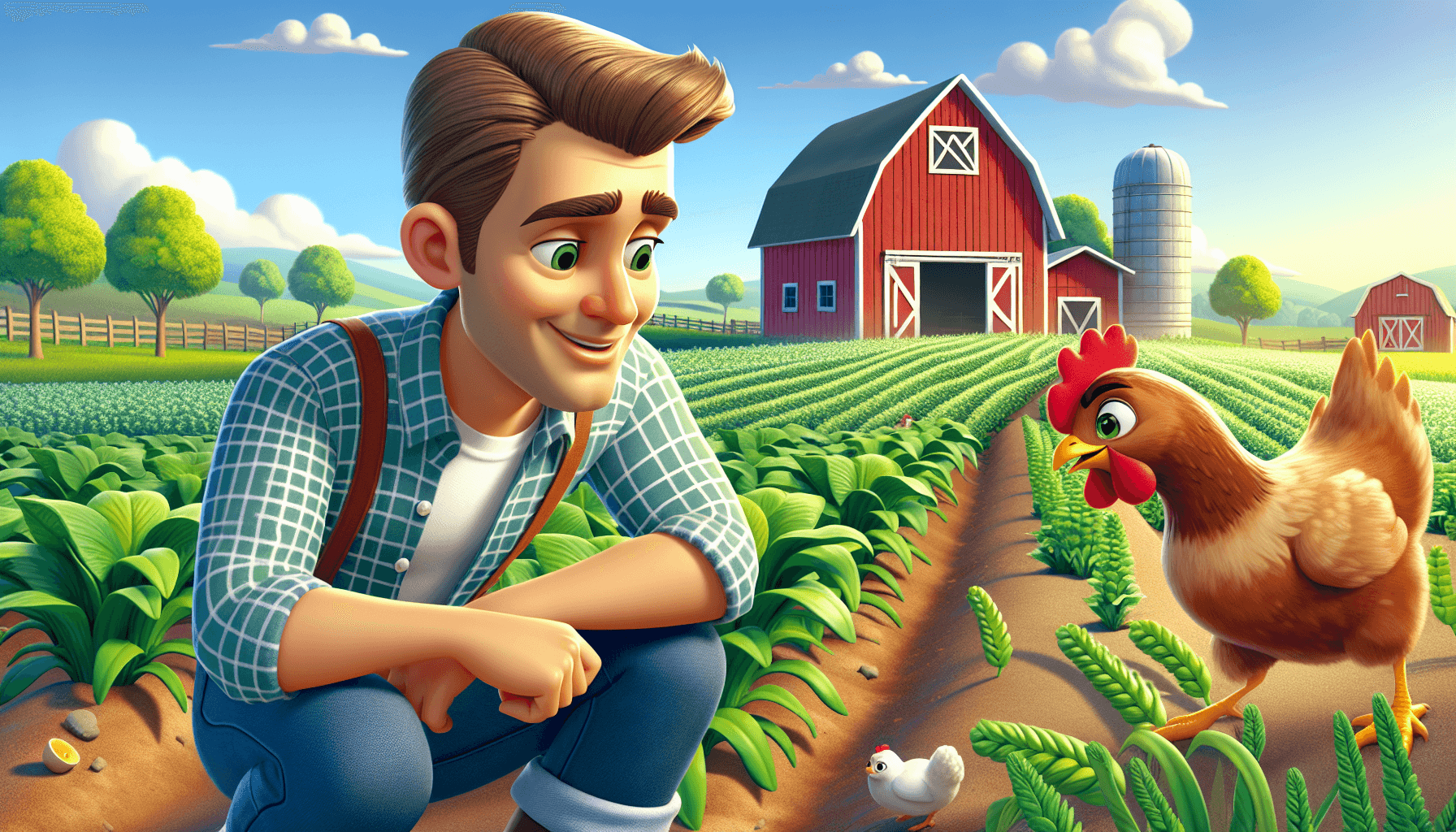 Chicken sneaking past a farmer in a cartoon farm