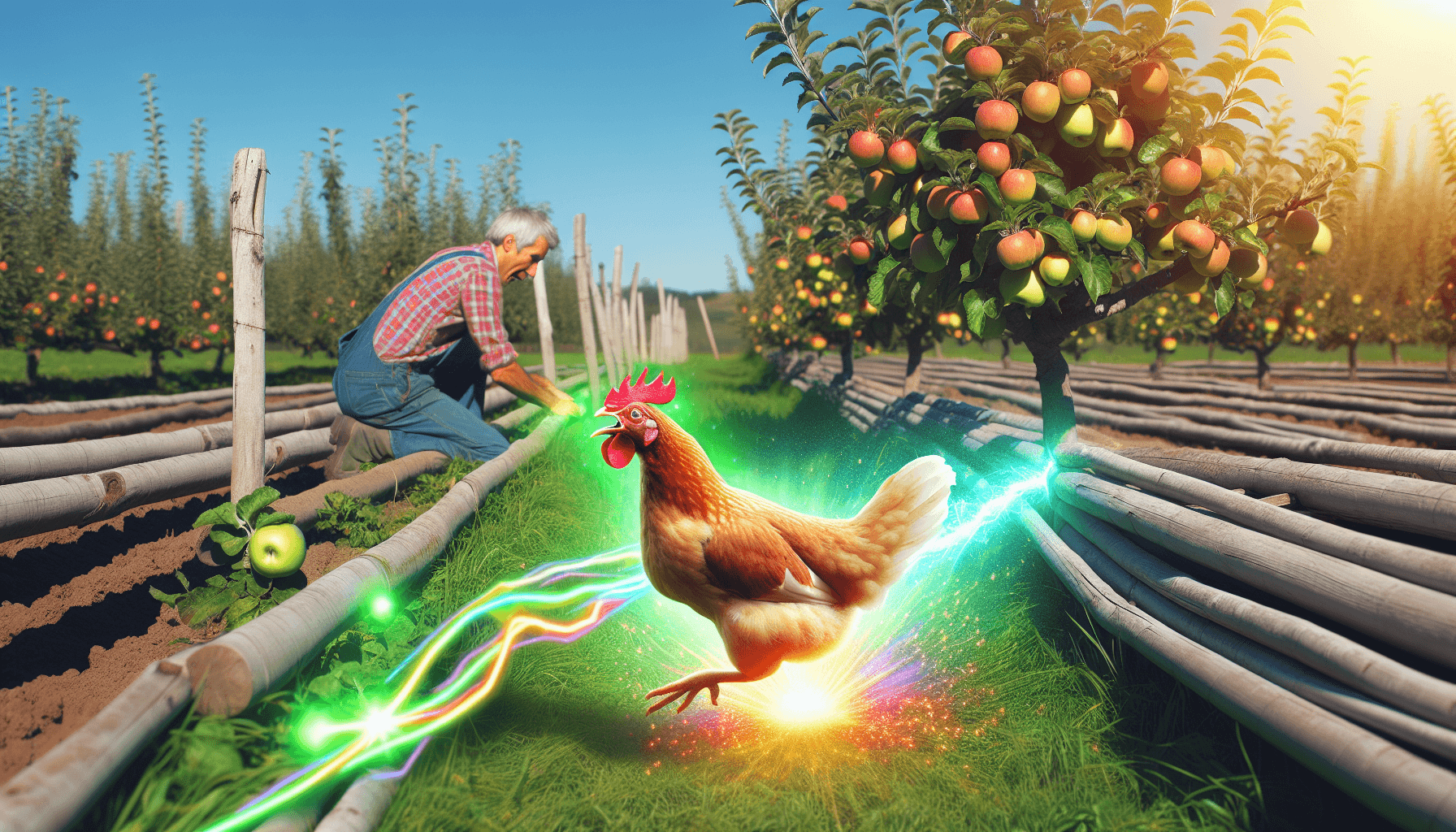 Chicken jumping over a fence using power-up