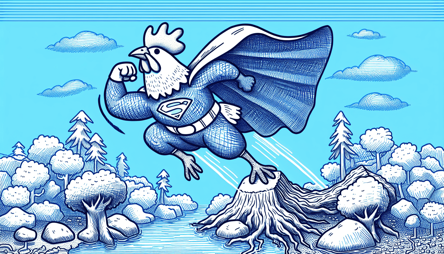 Superhero chicken flying over obstacles